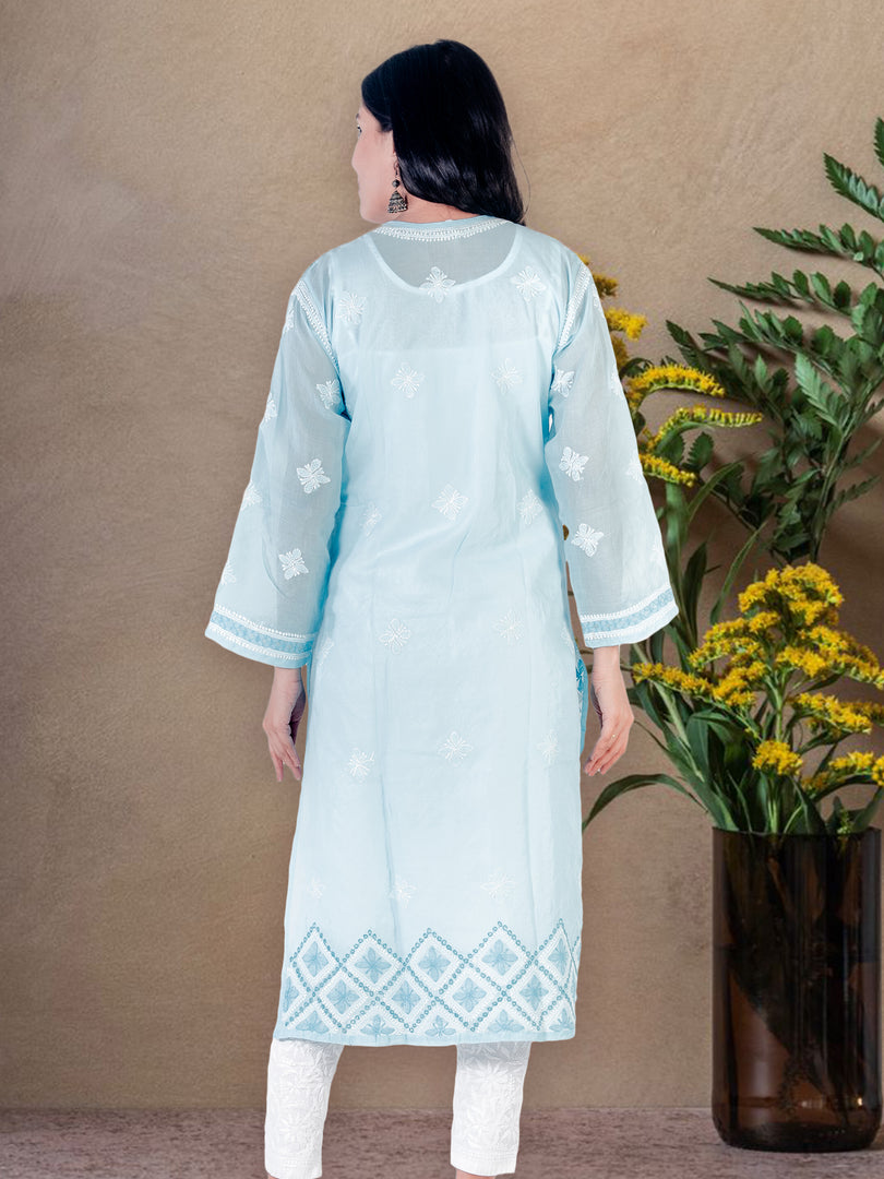 Seva Chikan Hand Embroidered Sky Blue Cotton Lucknowi Chikan Kurti SCL1218