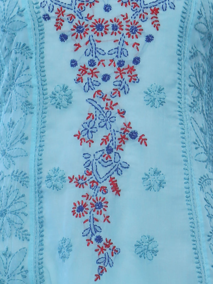 Seva Chikan Hand Embroidered Sky Blue Cotton Lucknowi Chikankari Anarkali- SCL0234