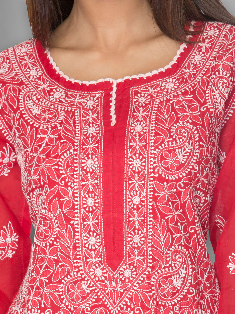 Seva Chikan Hand Embroidered Red Cotton Lucknowi Chikankari Kurta-SCL0982