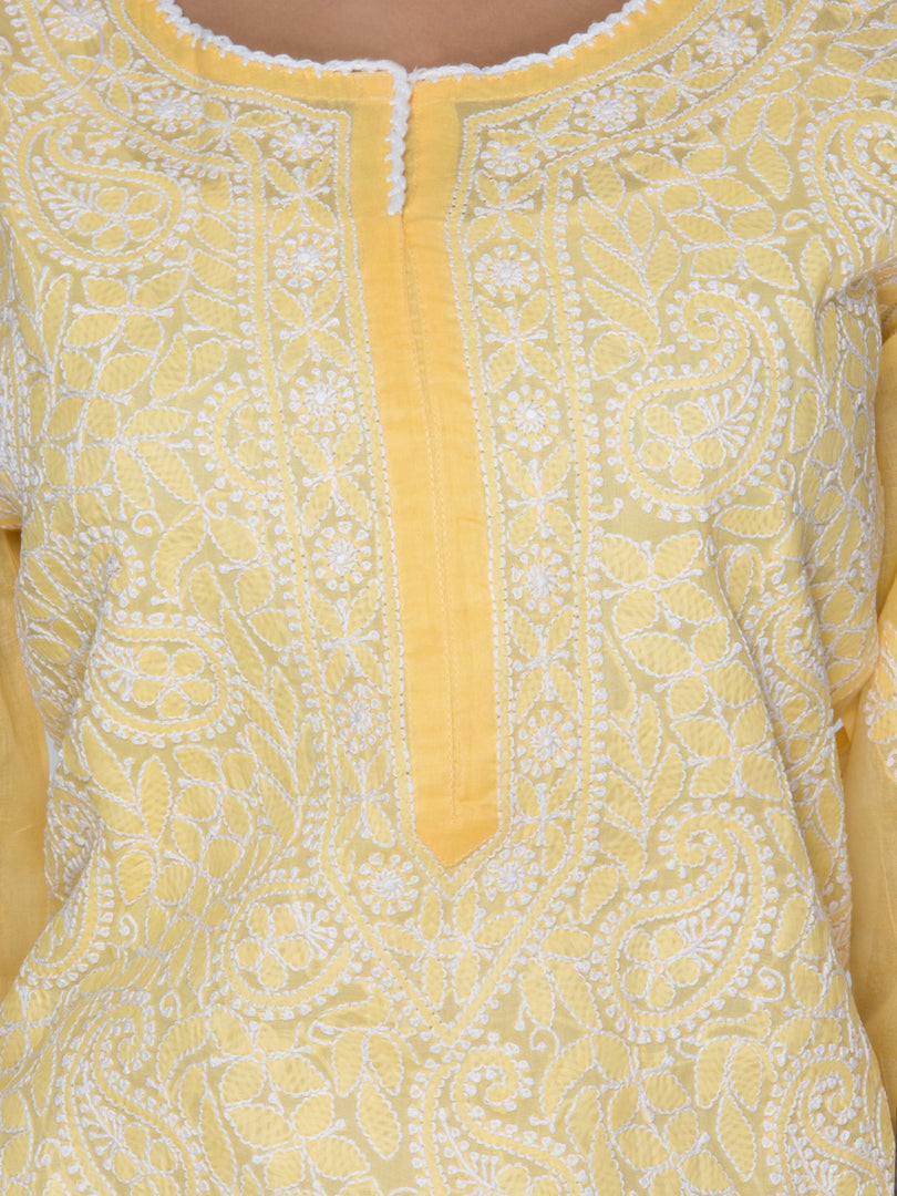 Seva Chikan Hand Embroidered Yellow Cotton Lucknowi Chikan Kurti SCL1075