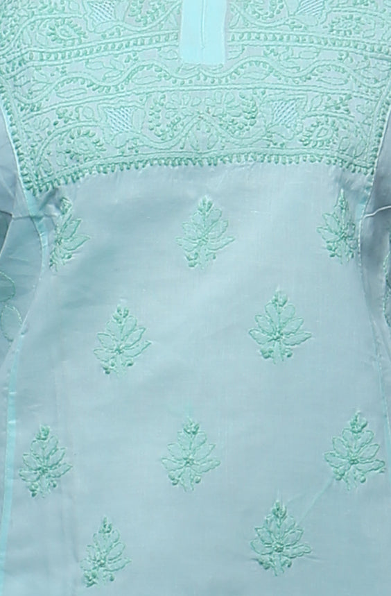 Seva Chikan Hand Embroidered Sea Green Cotton Lucknowi Chikankari Short Top-SCL0327