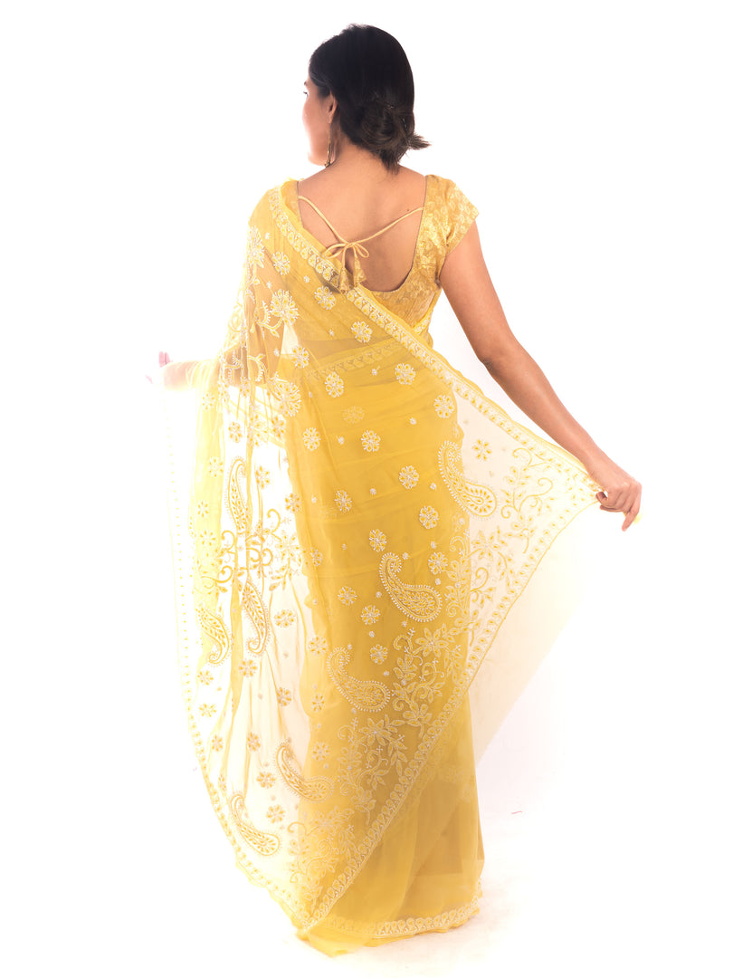 Seva Chikan Hand Embroidered Yellow Georgette Lucknowi Saree With Pearl Work-SCL1199