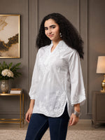 Load image into Gallery viewer, Seva Chikan Hand Embroidered White Cotton Lucknowi Chikankari Top SEV2001
