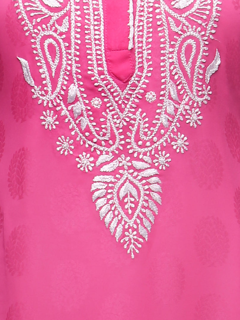 Seva Chikan Hand Embroidered Pink Faux Georgette Lucknowi Chikan Kurti-SCL0280