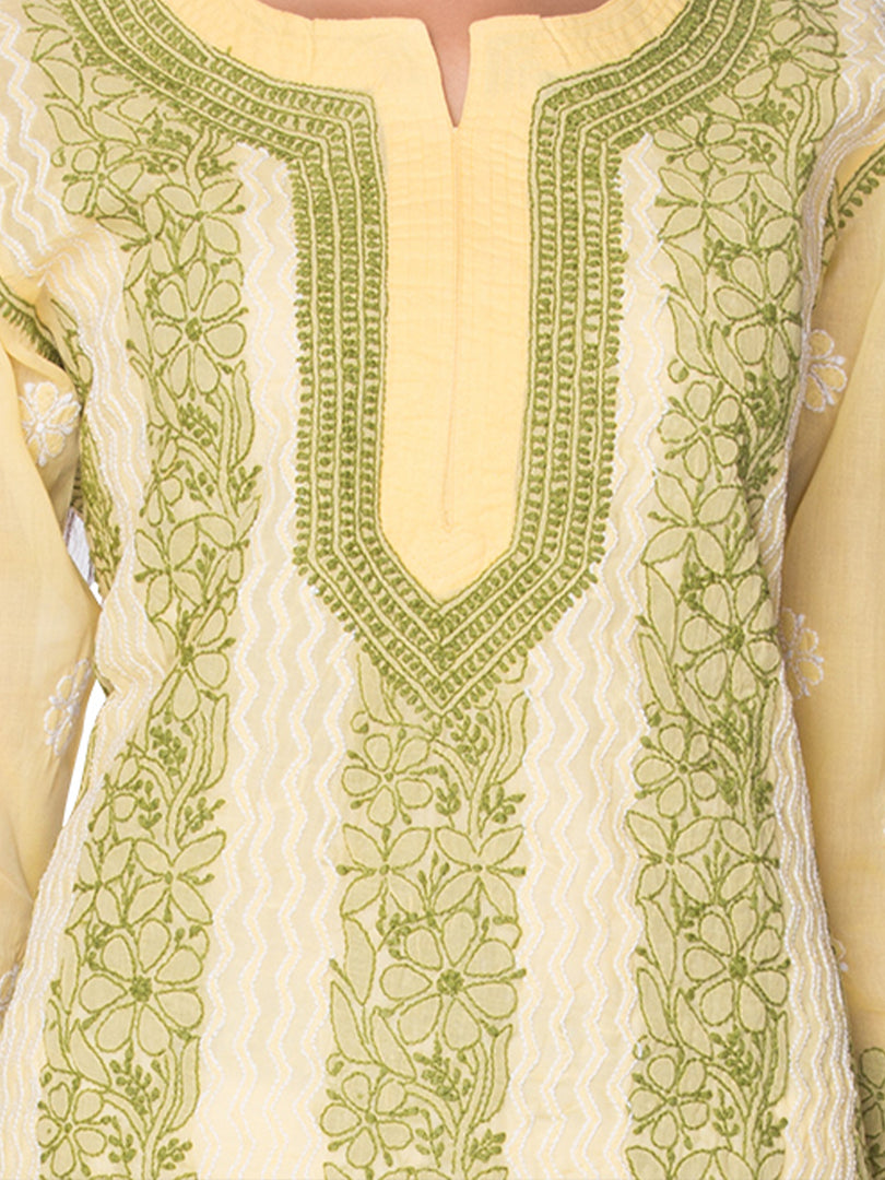 Seva Chikan Hand Embroidered Yellow Cotton Lucknowi Chikan Kurti SCL0950