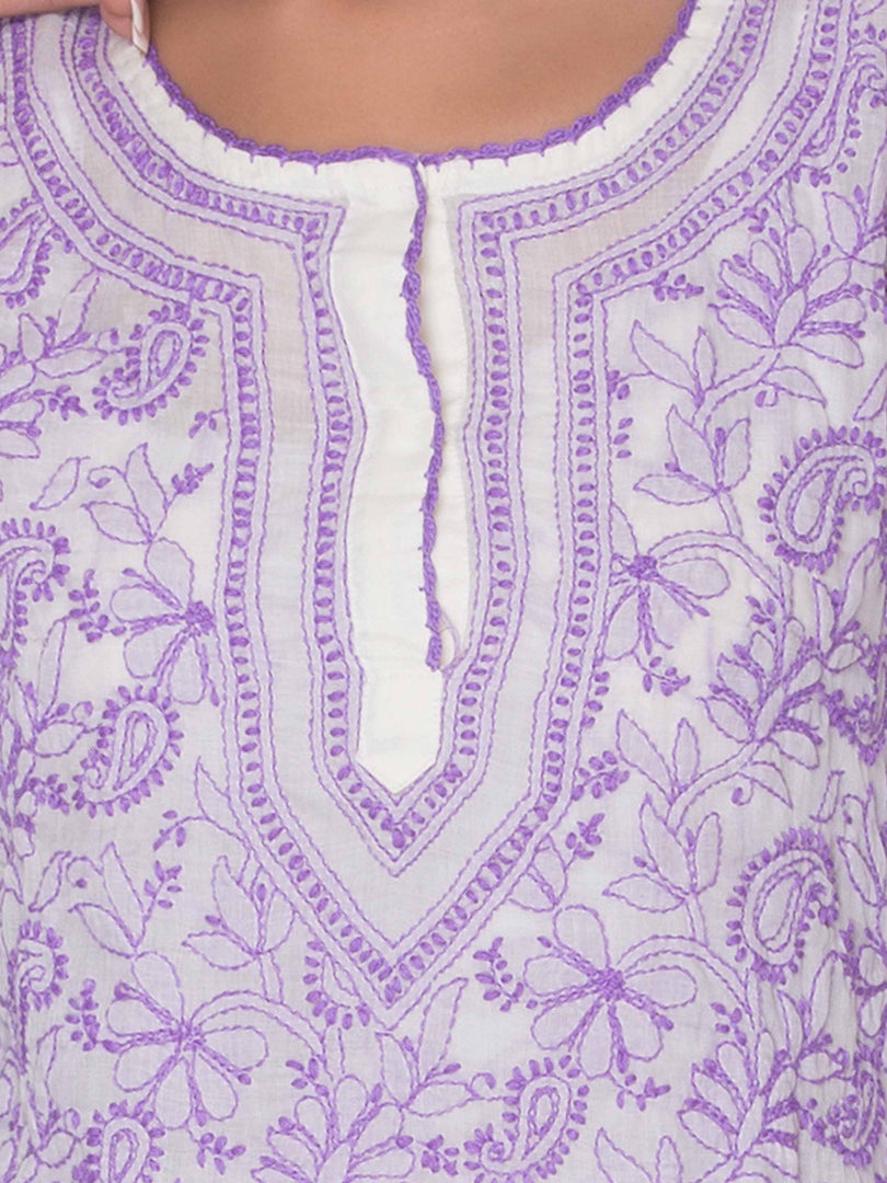 Seva Chikan Hand Embroidered White Cotton Lucknowi Chikankari Short Kurti-SCL0998