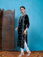 Load image into Gallery viewer, Seva Chikan Hand Embroidered Black Cotton Lucknowi Chikankari Kurta
