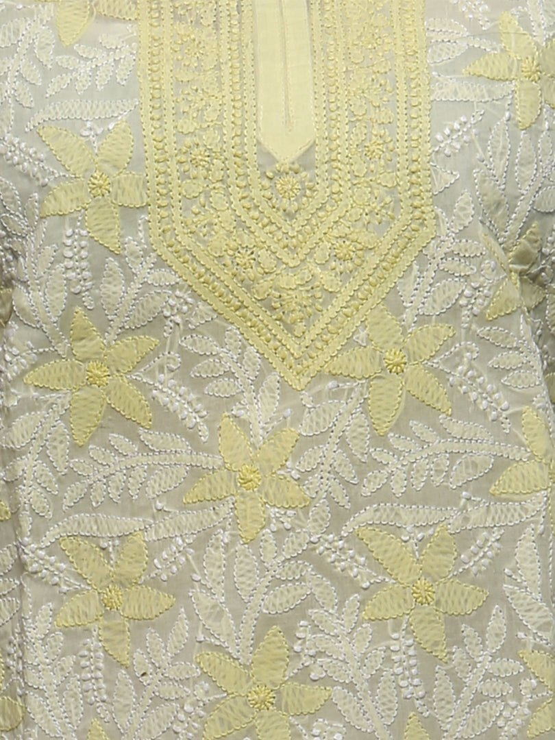 Seva Chikan Hand Embroidered Lemon Cotton Lucknowi Chikan Kurti-SCL0229