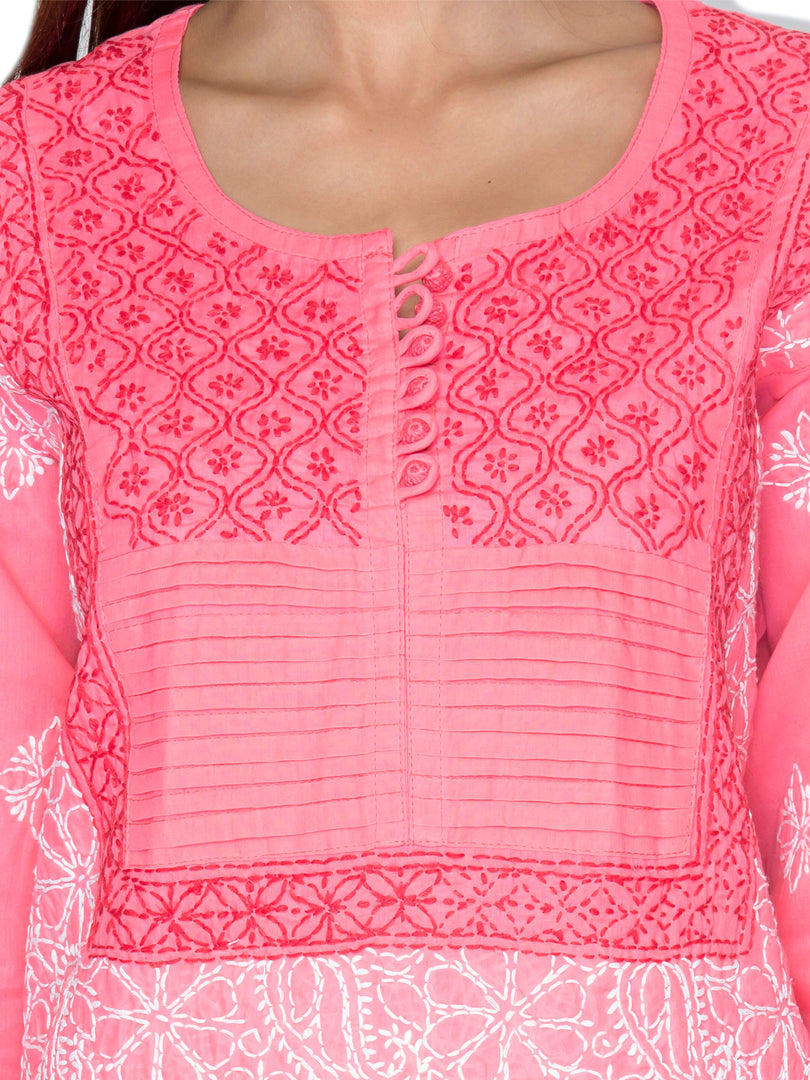 Seva Chikan Hand Embroidered Dark Pink Cotton Lucknowi Chikan Kurta-SCL0929