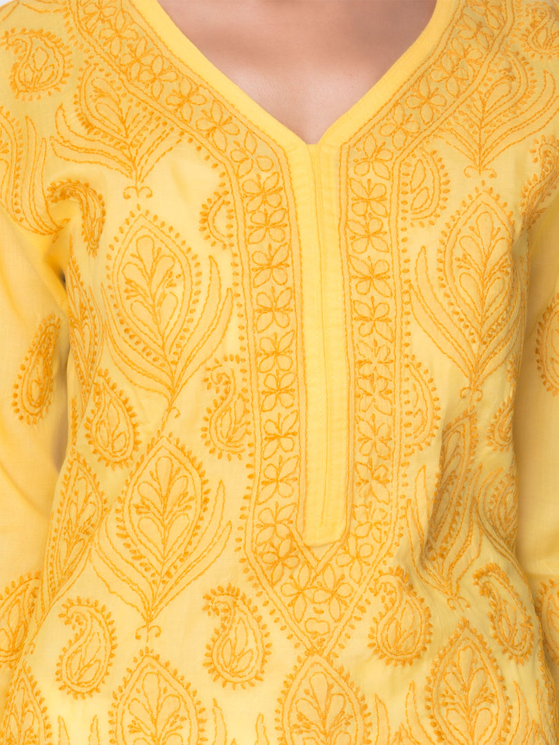 Seva Chikan Hand Embroidered Yellow Cotton Lucknowi Chikan Kurta-SCL0901