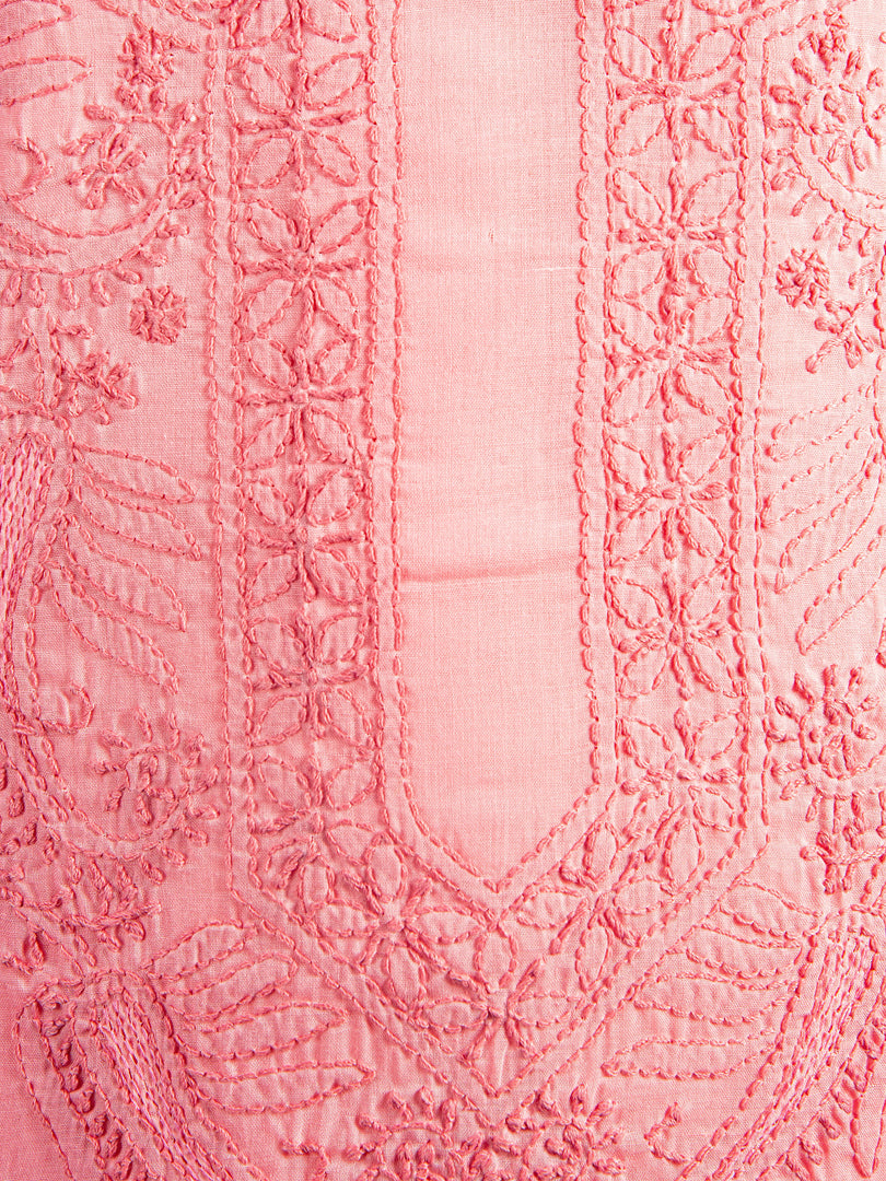 Seva Chikan Hand Embroidered Peach Cotton Lucknowi Chikankari Unstitched Suit Piece-SCL1113