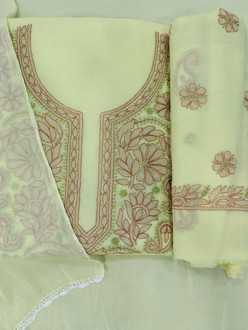 Seva Chikan Hand Embroidered Lemon Cotton Lucknowi Chikankari Unstitched Suit Piece-SEV15001