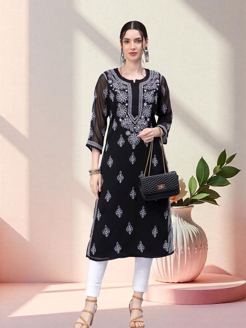 Seva Chikan Hand Embroidered Georgette Chikankari Kurta With Matching Slip