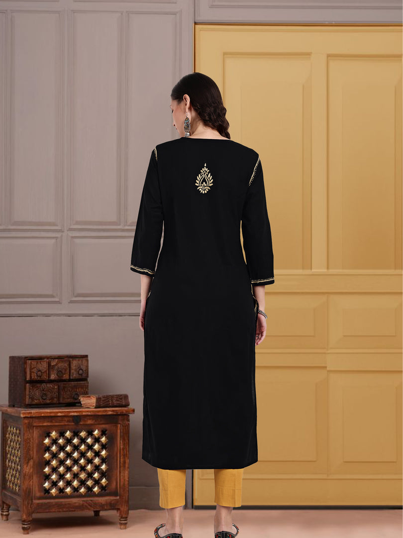 Seva Chikan Hand Embroidered Black Cotton Lucknowi Chikankari Kurta