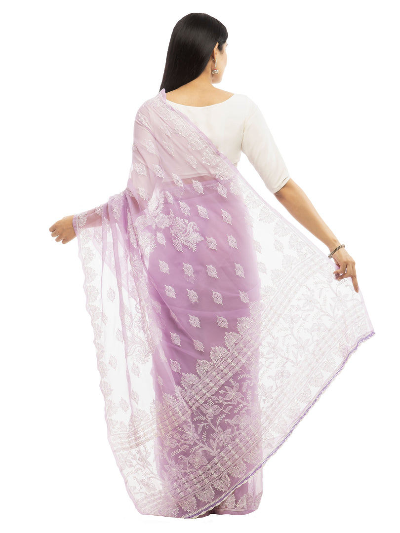 Seva Chikan Hand Embroidered Violet Georgette Lucknowi Saree-SCL1988