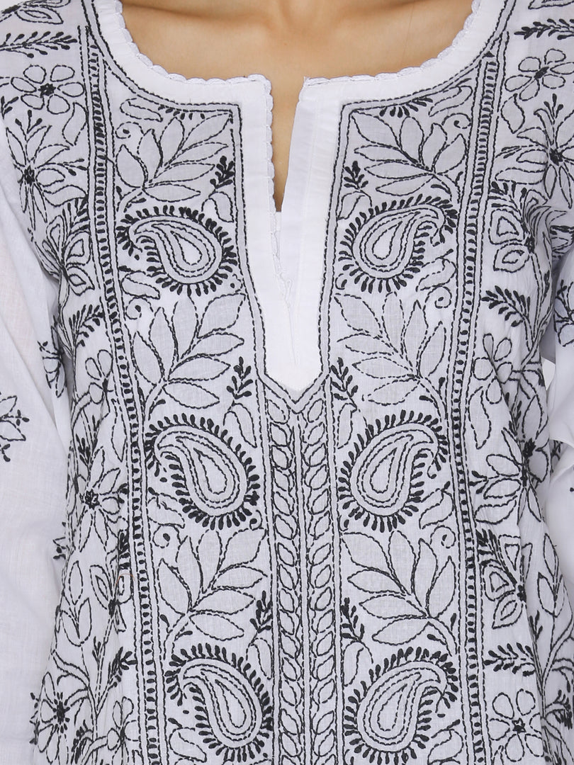 Seva Chikan Hand Embroidered White Cotton Lucknowi Chikan Short Kurti SCL1036