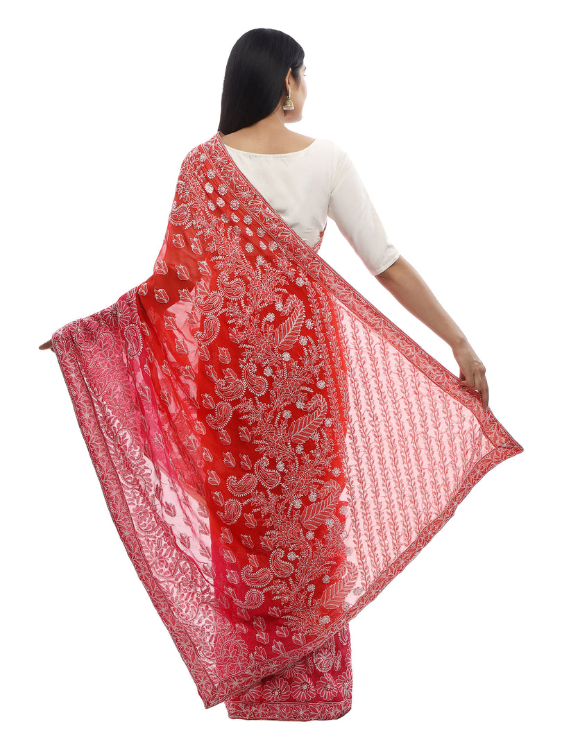 Seva Chikan Hand Embroidered Red Georgette Lucknowi Saree-SCL1993