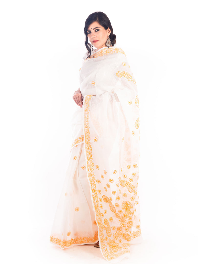 Seva Chikan Hand Embroidered White Kota Lucknowi Saree-SCL1196