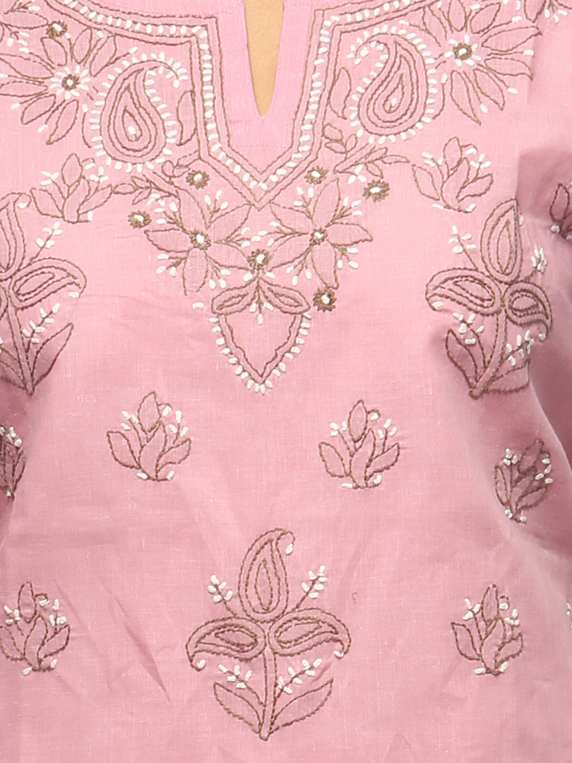 Seva Chikan Hand Embroidered Pink Cotton Lucknowi Chikan Kurta-SCL0658