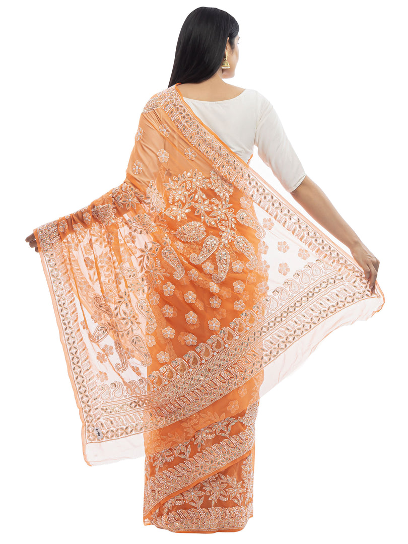 Seva Chikan Hand Embroidered Orange Georgette Lucknowi Saree With Gotta Patti Work-SCL2026