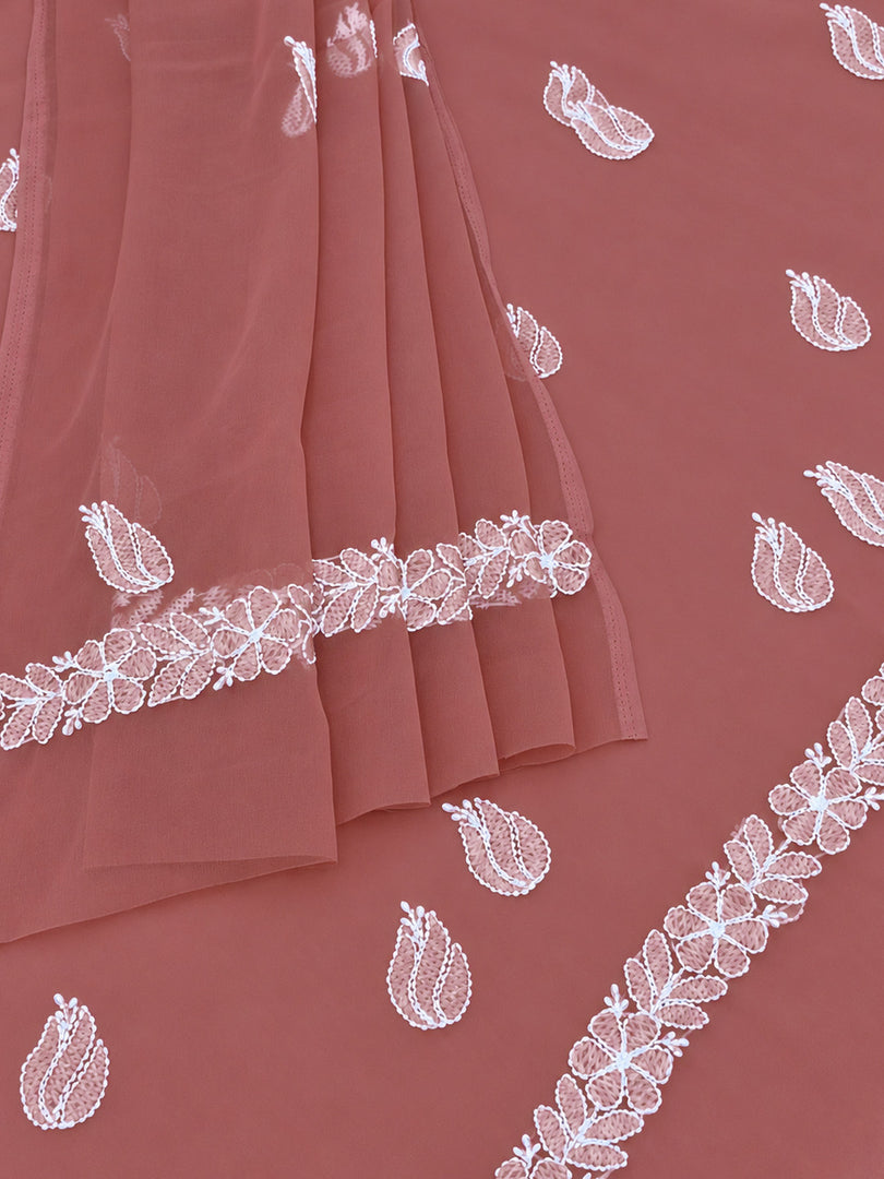 Seva Chikan Hand Embroidered Red Georgette Lucknowi Chikankari Unstitched Suit Piece-SEV15060