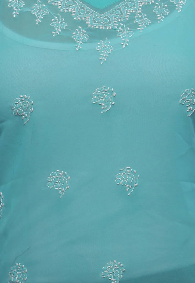Seva Chikan Hand Embroidered Turquoise Georgette Lucknowi Chikankari Short Top- SCL0161