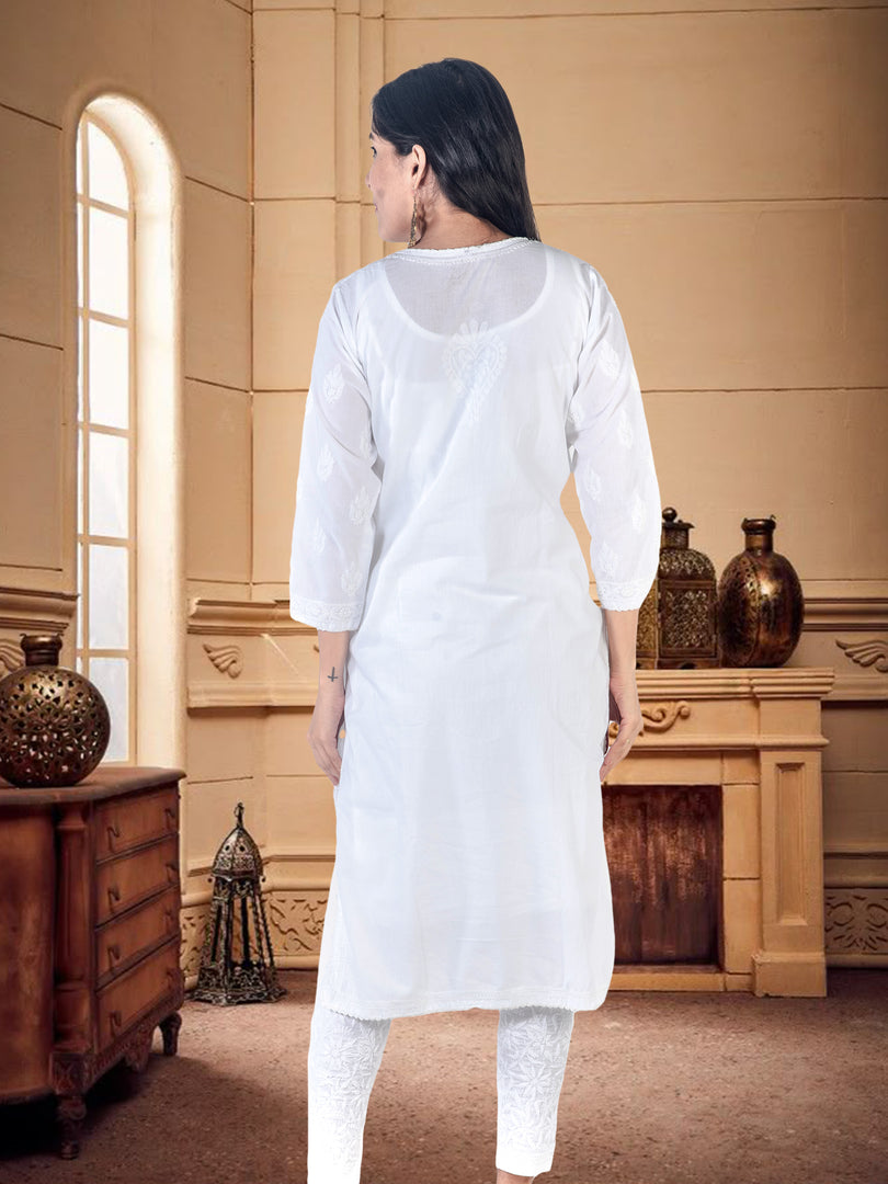 Seva Chikan Hand Embroidered White Cotton Lucknowi Chikan Kurti SCL1314