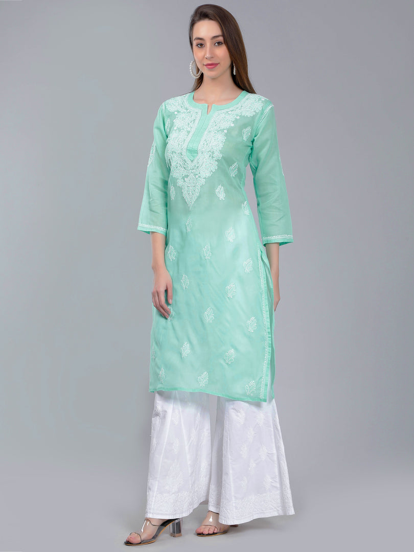 Seva Chikan Hand Embroidered  Terivoil Cotton Lucknowi Chikan Kurta