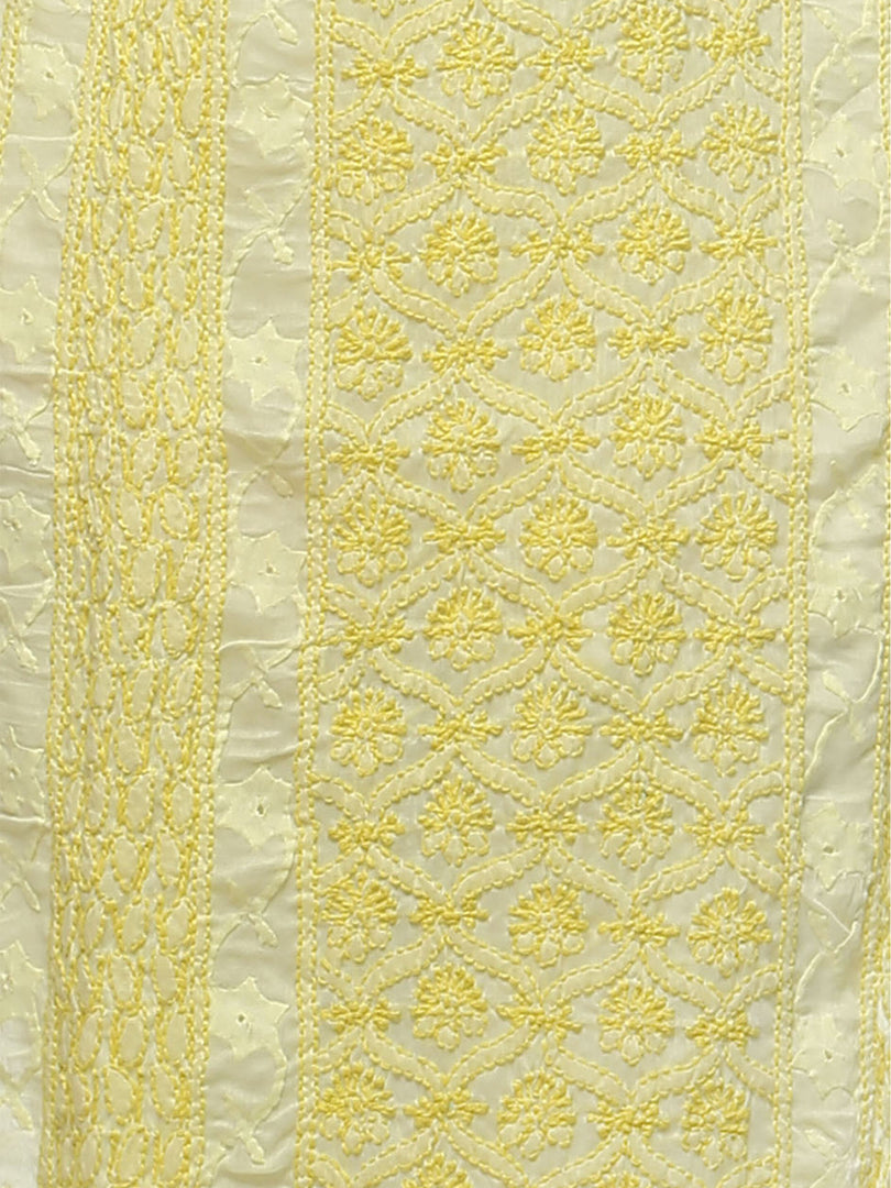 Seva Chikan Hand Embroidered Lemon Cotton Lucknowi Chikan Kurti-SCL0614