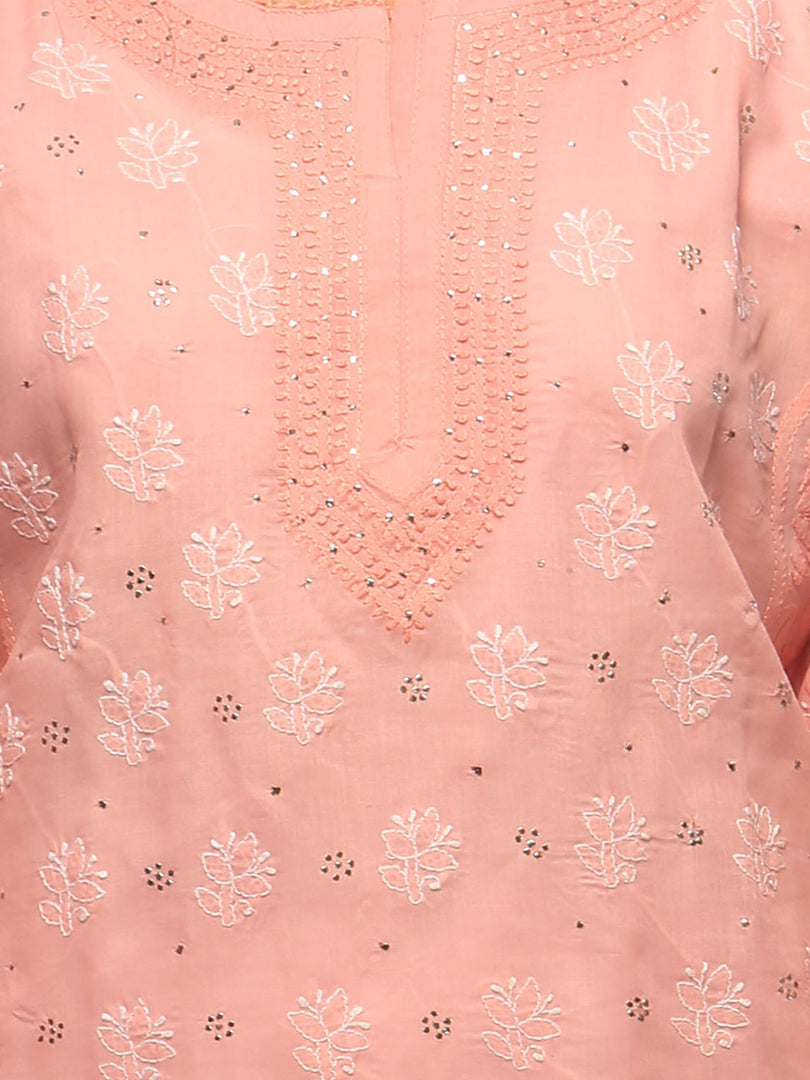 Seva Chikan Hand Embroidered Peach Cotton Lucknowi Chikan Kurta With Muqaish Work-SCL0636