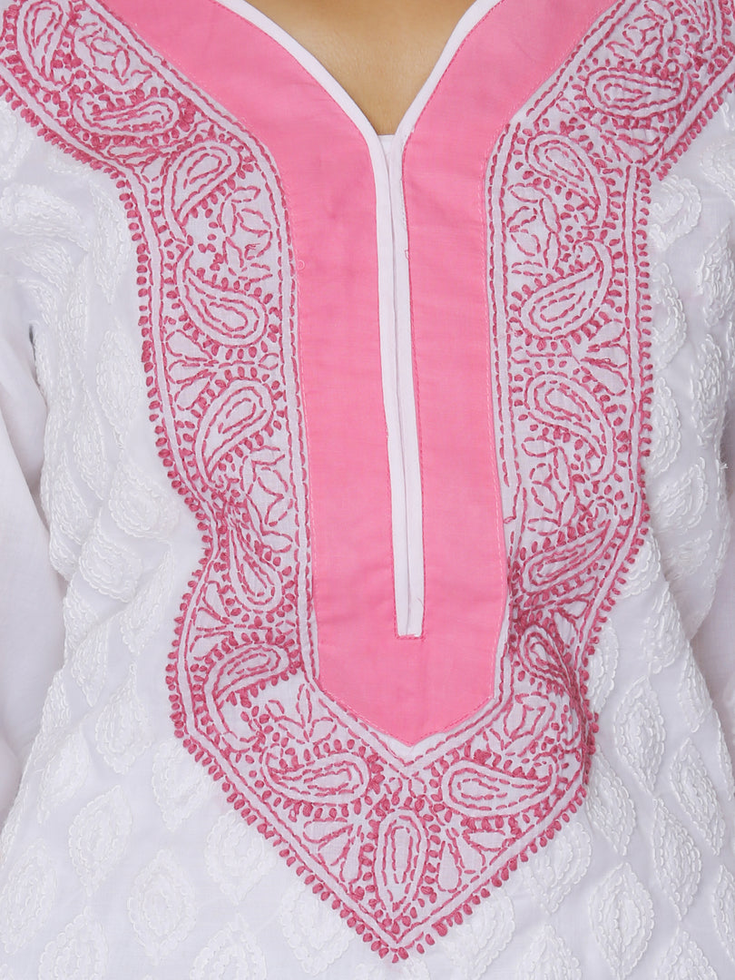 Seva Chikan Hand Embroidered White Cotton Lucknowi Chikan Kurti SCL0914