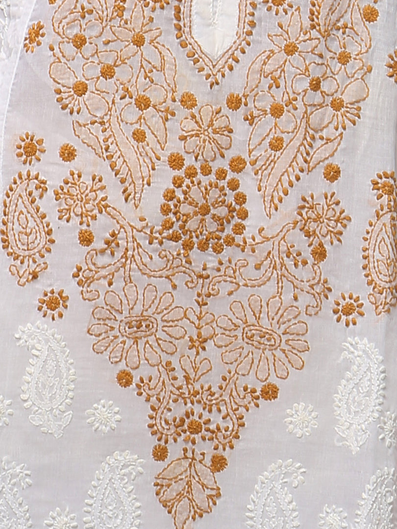 Seva Chikan Hand Embroidered White Cotton Lucknowi Chikan Kurta-SCL0682