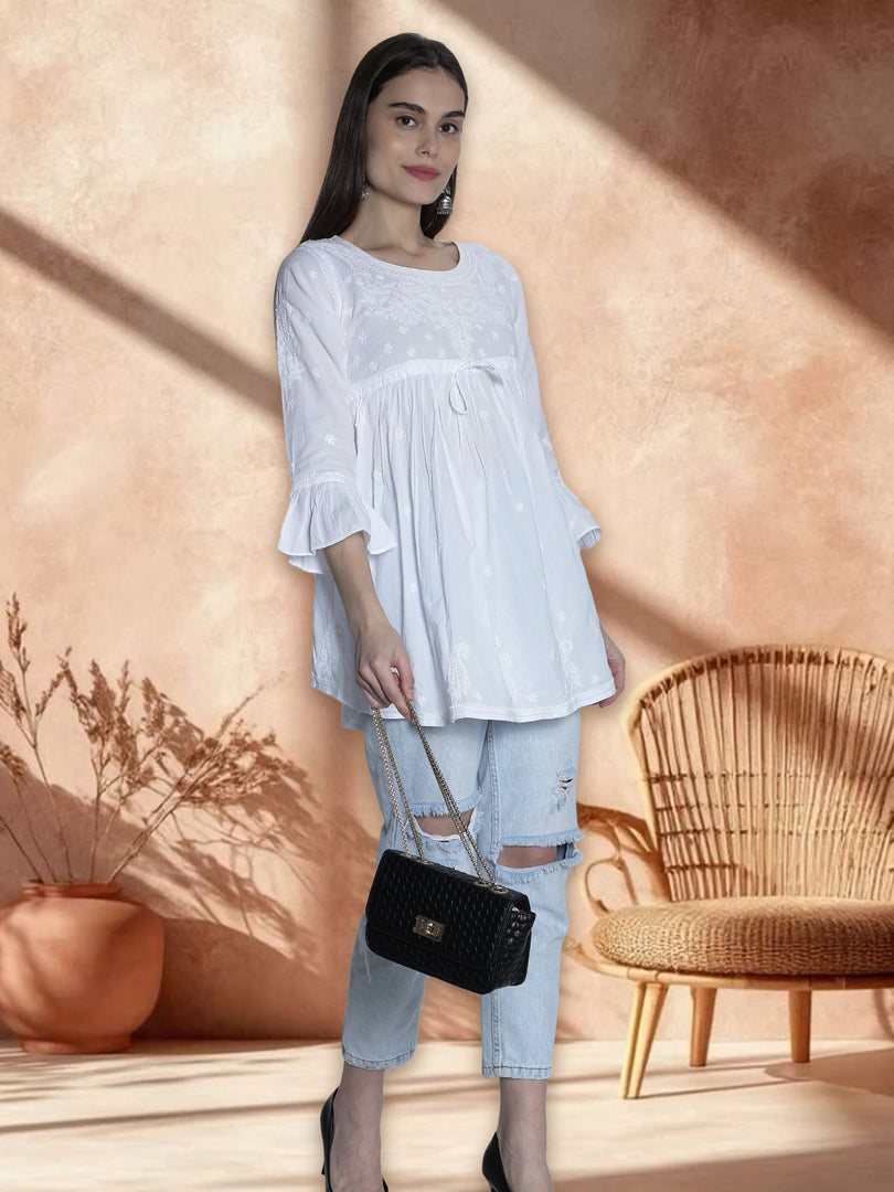 Seva Chikan Hand Embroidered Cotton Lucknowi Chikan Short Top