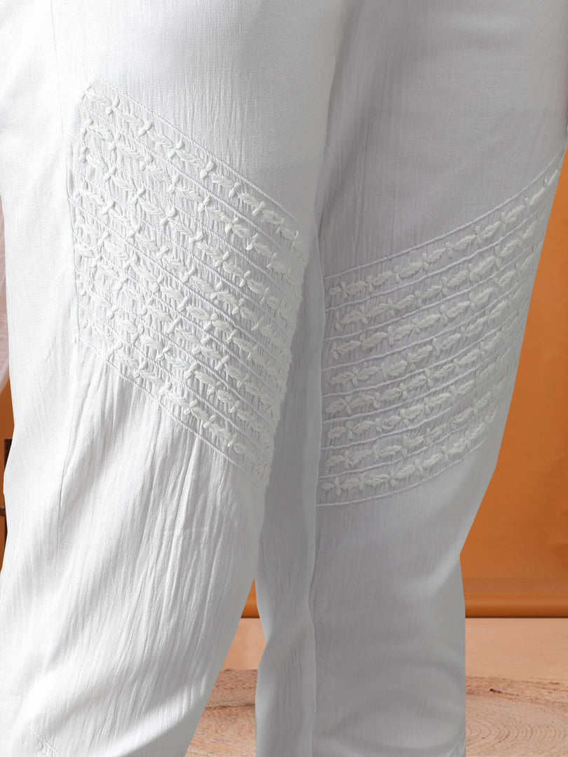 Seva Chikan Hand Embroidered White Lycra Lucknawi Chikankari Pant-SCL11022