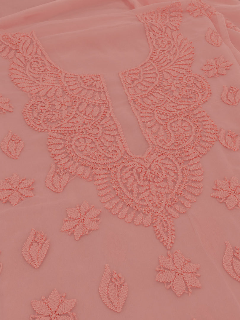 Seva Chikan Hand Embroidered Peach Georgette Lucknowi Chikankari Unstitched Suit Piece-SEV15034