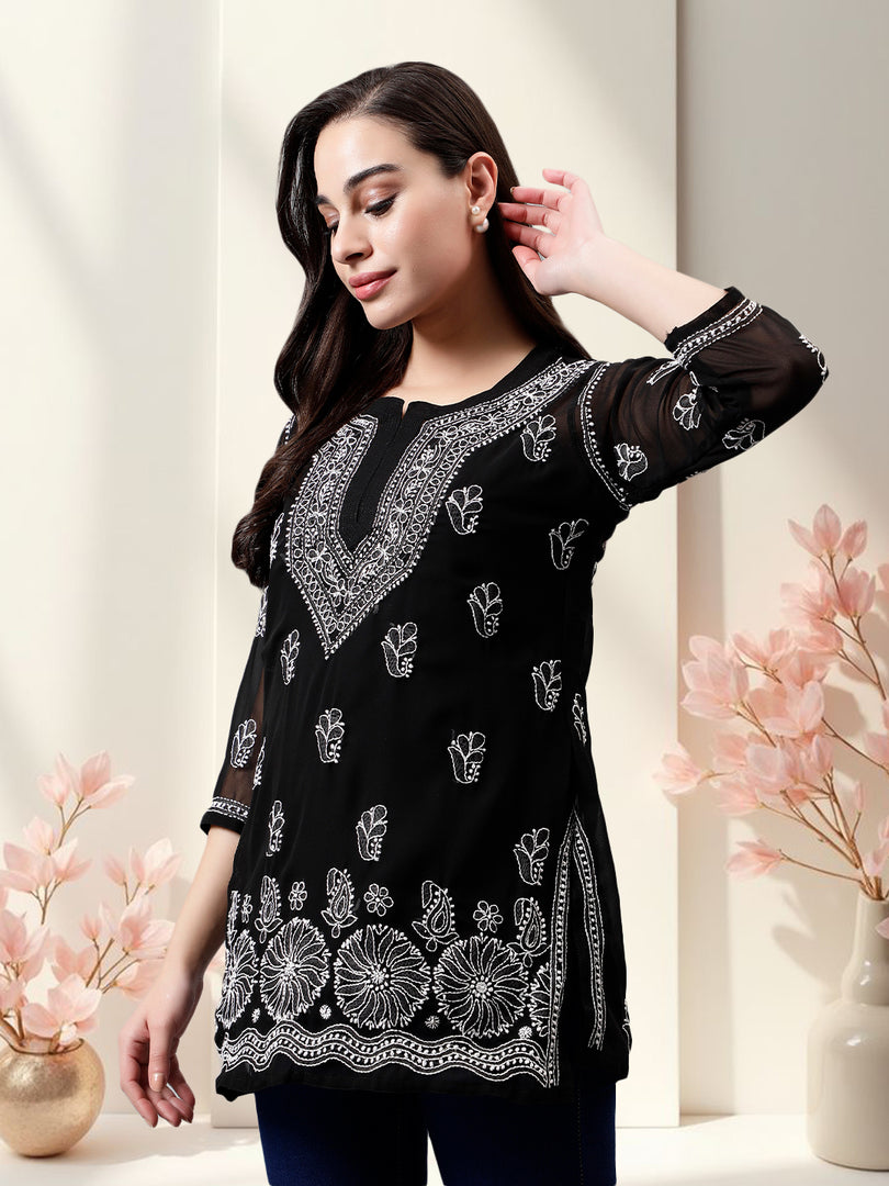 Seva Chikan Hand Embroidered Georgette Lucknowi Chikankari Top With Slip