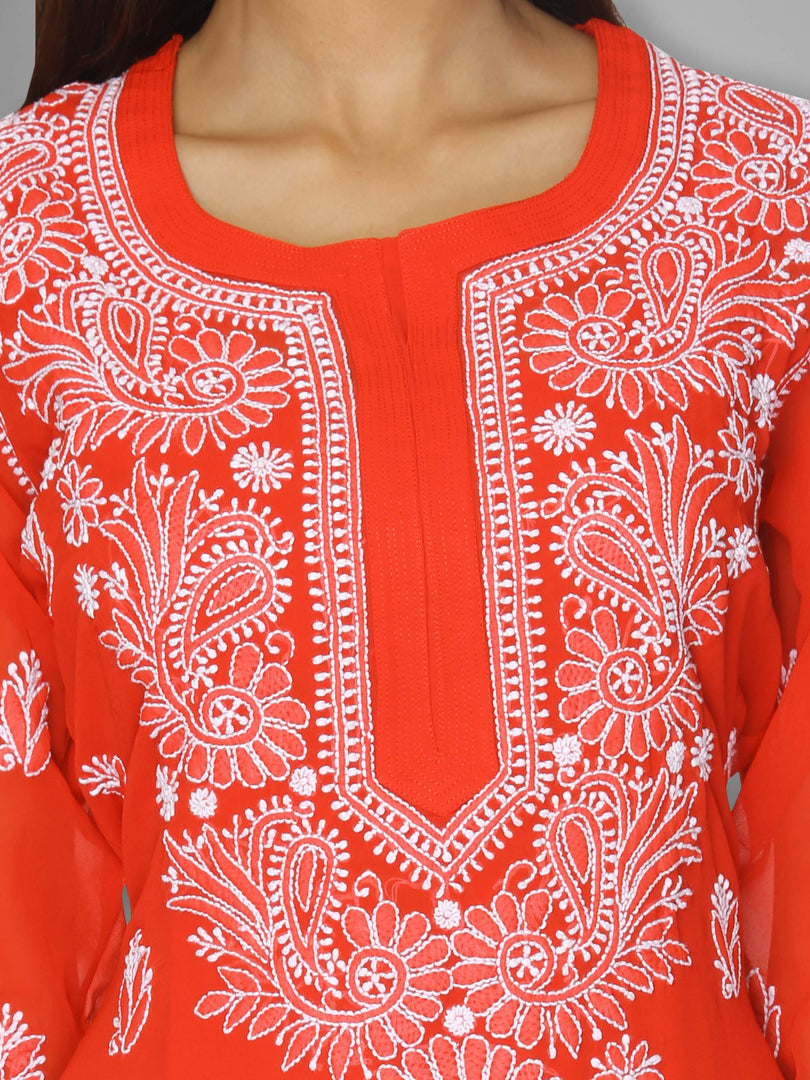 Seva Chikan Hand Embroidered Red Faux Georgette Lucknowi Chikankari Kurta-SCL0968