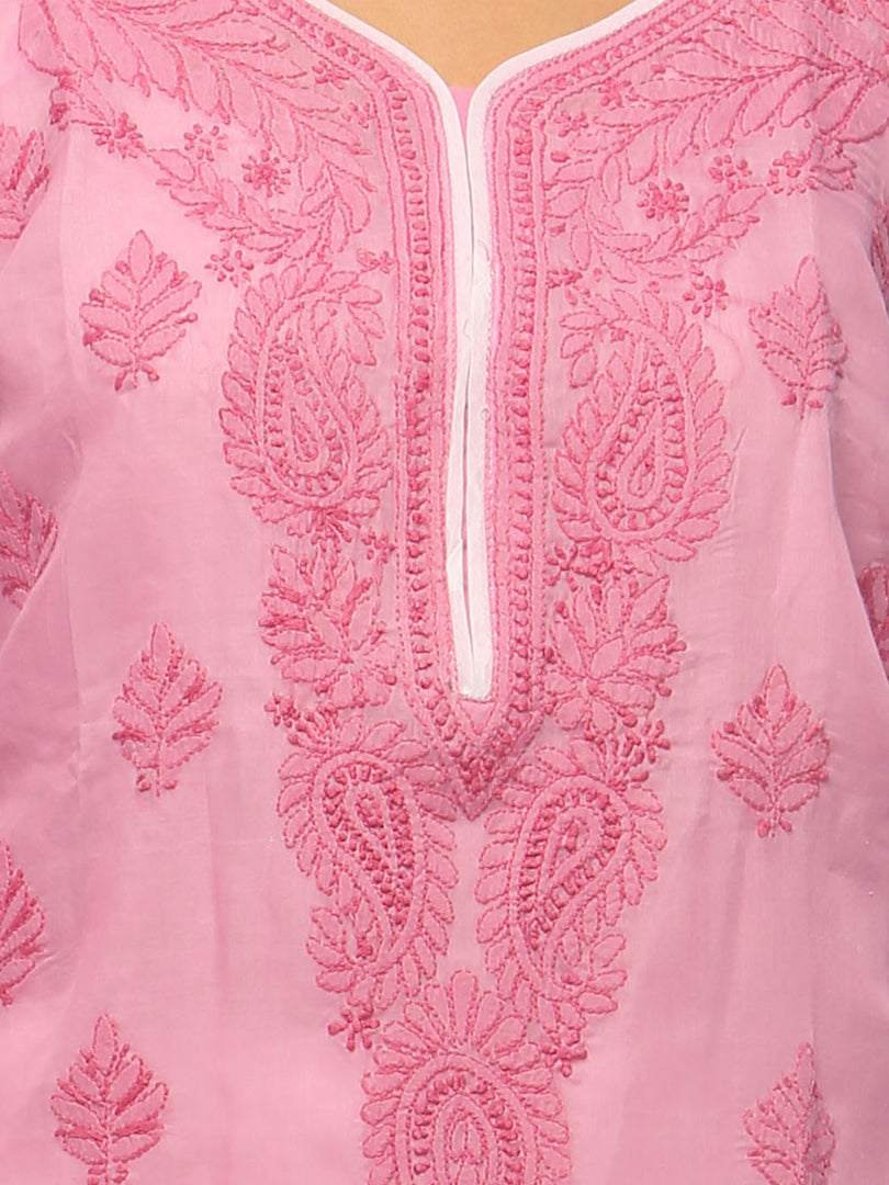 Seva Chikan Hand Embroidered Pink Cotton Lucknowi Chikan Kurta-SCL0642