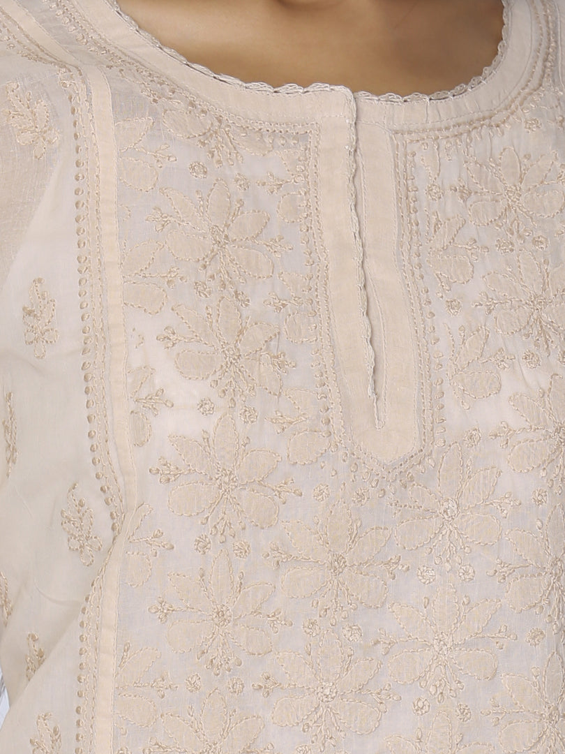 Seva Chikan Hand Embroidered Beige Cotton Lucknowi Chikan Short Kurti SCL1056