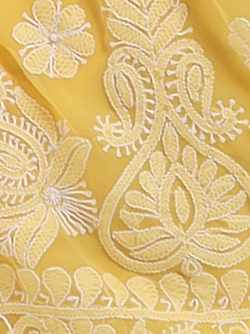 Seva Chikan Hand Embroidered Yellow Georgette Lucknowi Saree-SCL2460