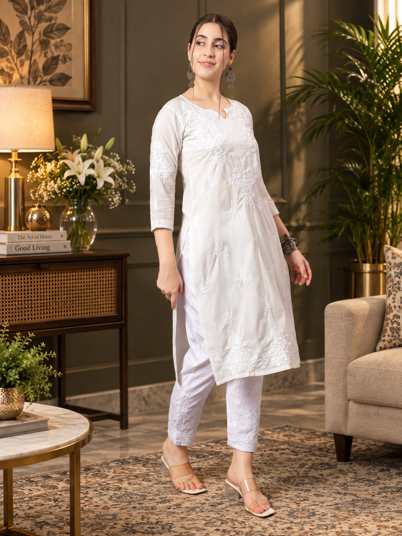Seva Chikan Hand Embroidered Lucknowi Chikankari White Cotton Kurta-SEV1000