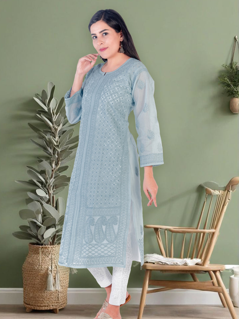 Seva Chikan Hand Embroidered Grey Cotton Lucknowi Chikan Kurti SCL1215