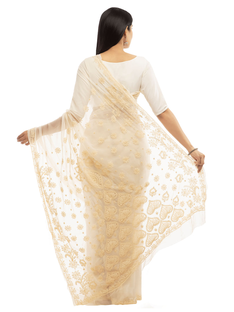 Seva Chikan Hand Embroidered Beige Georgette Lucknowi Saree-SCL1958