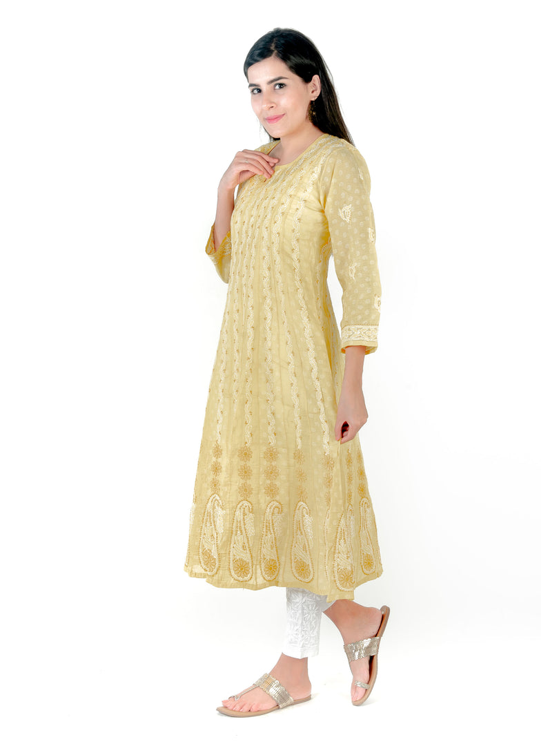 Seva Chikan Hand Embroidered Yellow Cotton Lucknowi Chikankari Anarkali-SCL1238