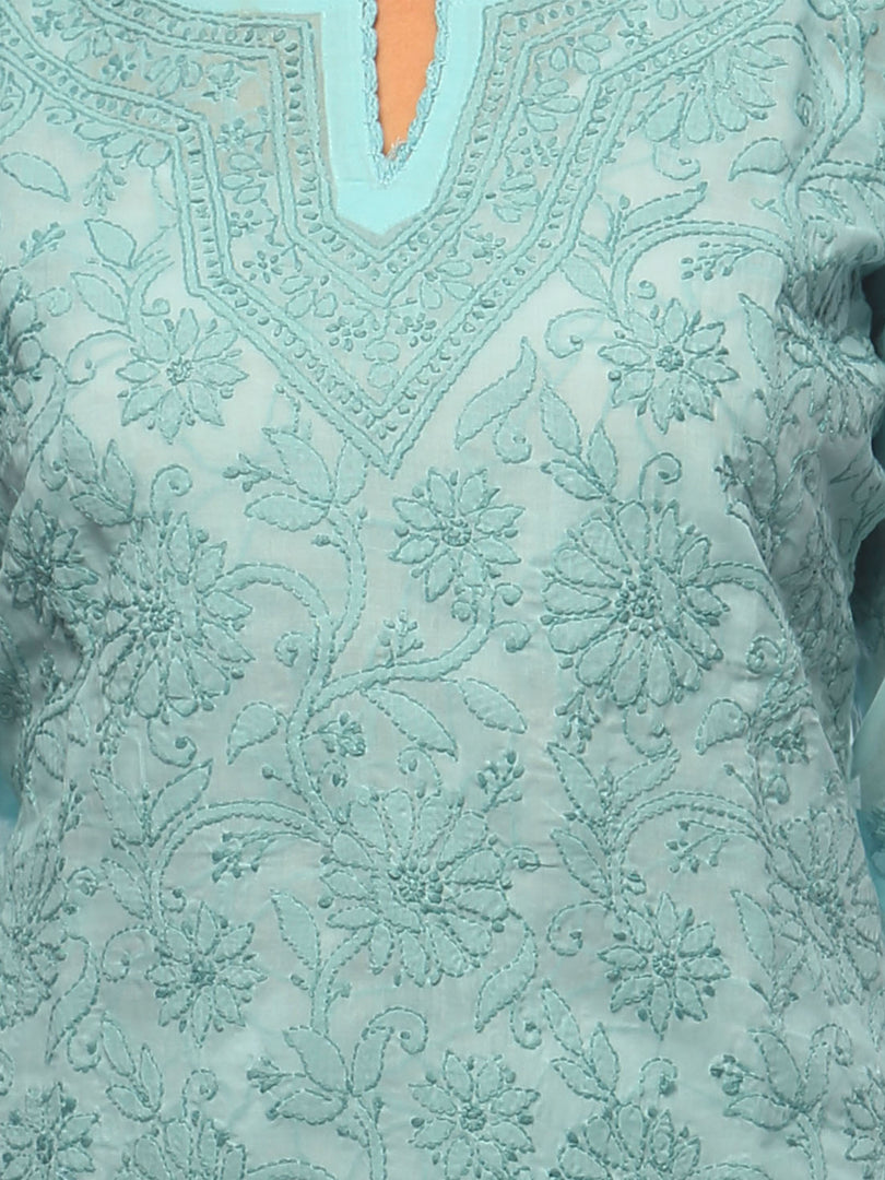 Seva Chikan Hand Embroidered Turquoise Cotton Lucknowi Chikan Kurta-SCL0637