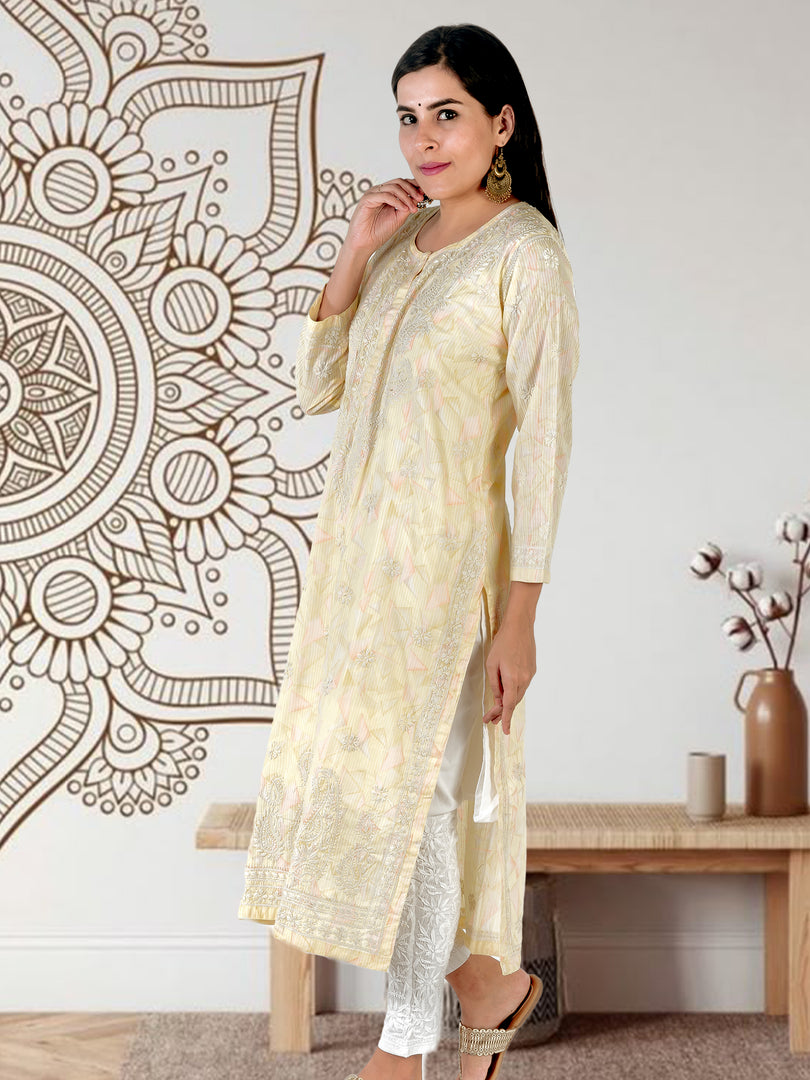 Seva Chikan Hand Embroidered Yellow Cotton Lucknowi Chikan Kurti SCL1322