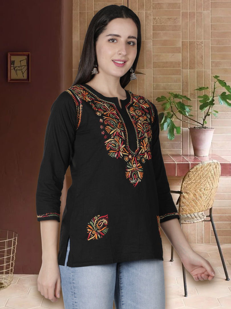 Seva Chikan Hand Embroidered Cotton Lucknowi Chikan Short Top