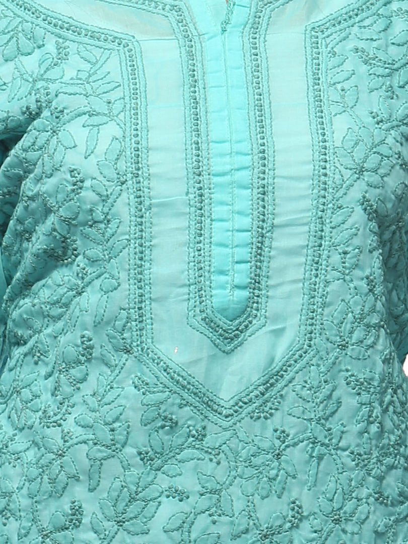 Seva Chikan Hand Embroidered Turquoise Cotton Lucknowi Chikan Kurta-SCL0657