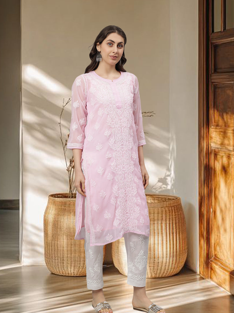 Seva Chikan Hand Embroidered Georgette Lucknowi Chikankari Kurta With Slip