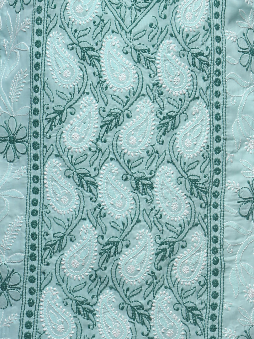 Seva Chikan Hand Embroidered Sea Green Cotton Lucknowi Chikan Kurti-SCL0253